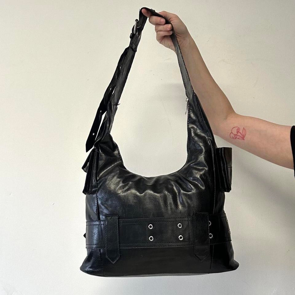 black faux leather oversized belt shoulder bag