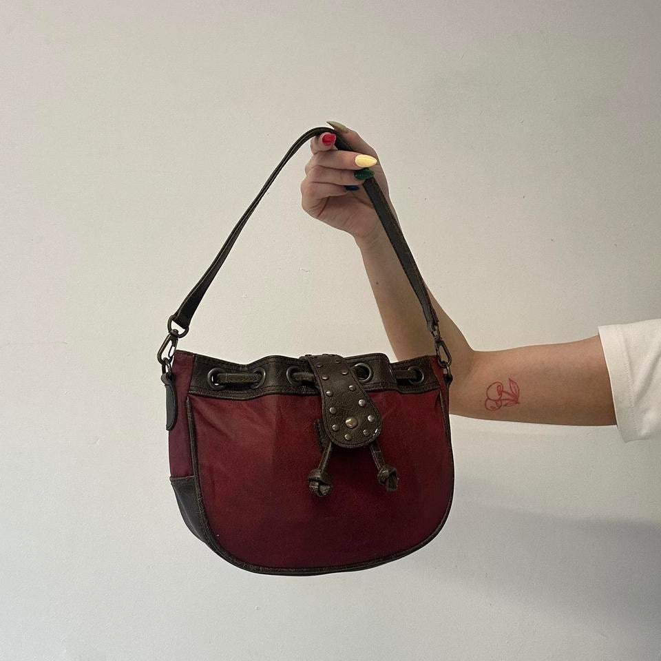 red and brown studded  faux leather shoulder bag