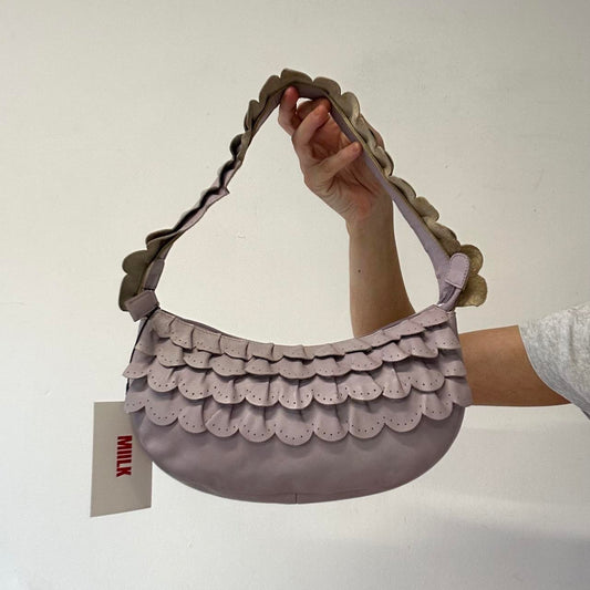 lilac faux leather ruffled shoulder bag