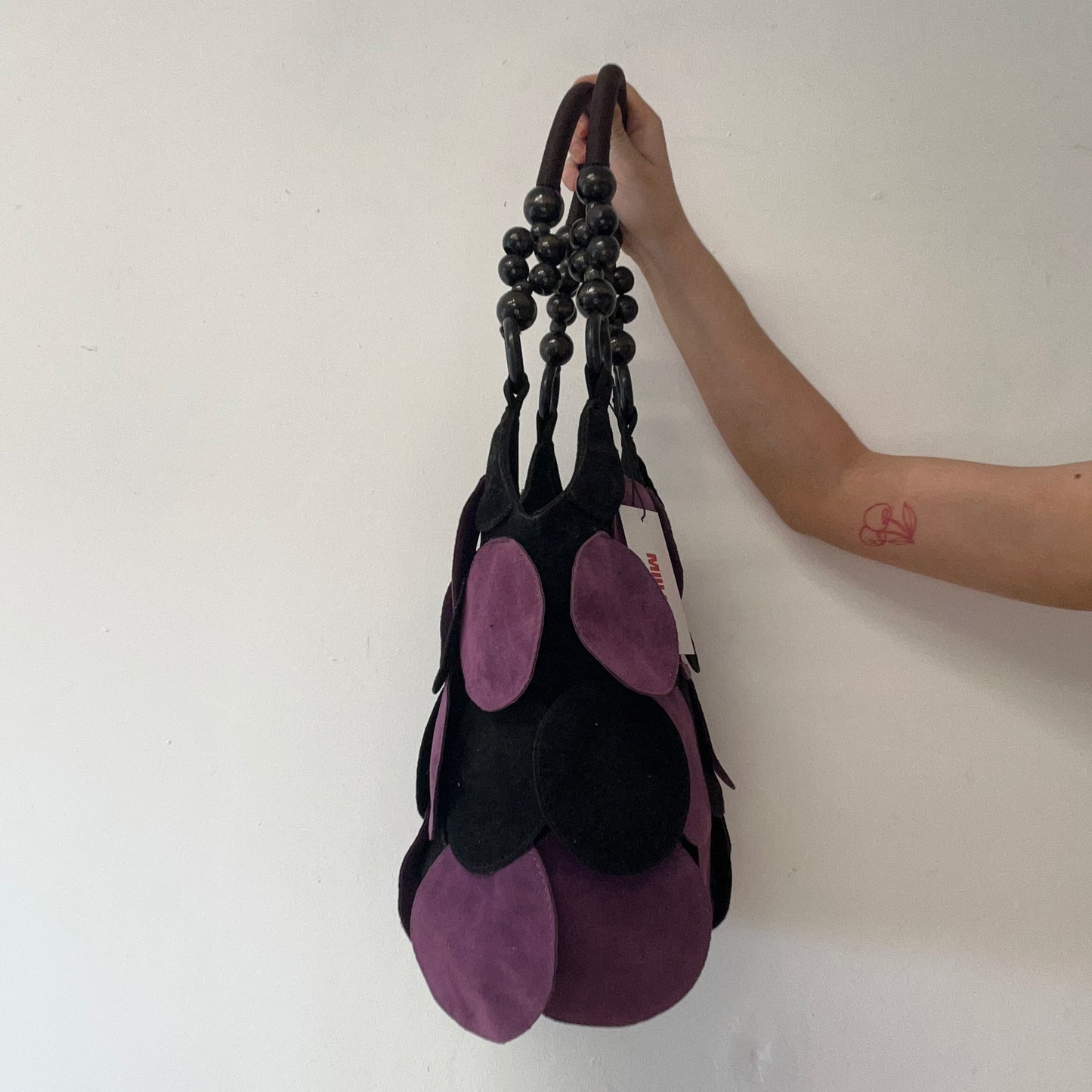 purple and black suede feel disc beaded shoulder bag