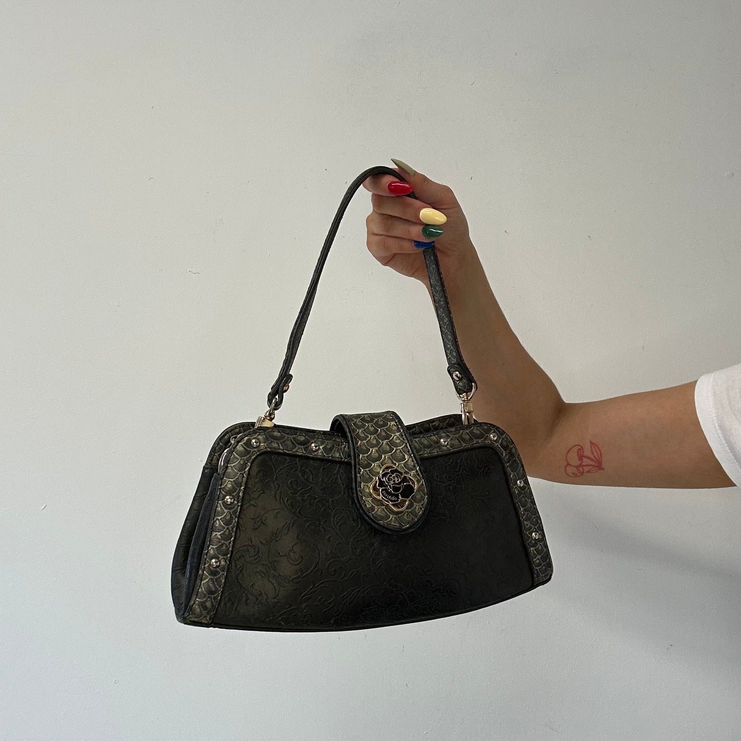 grey faux leather studded floral shoulder bag