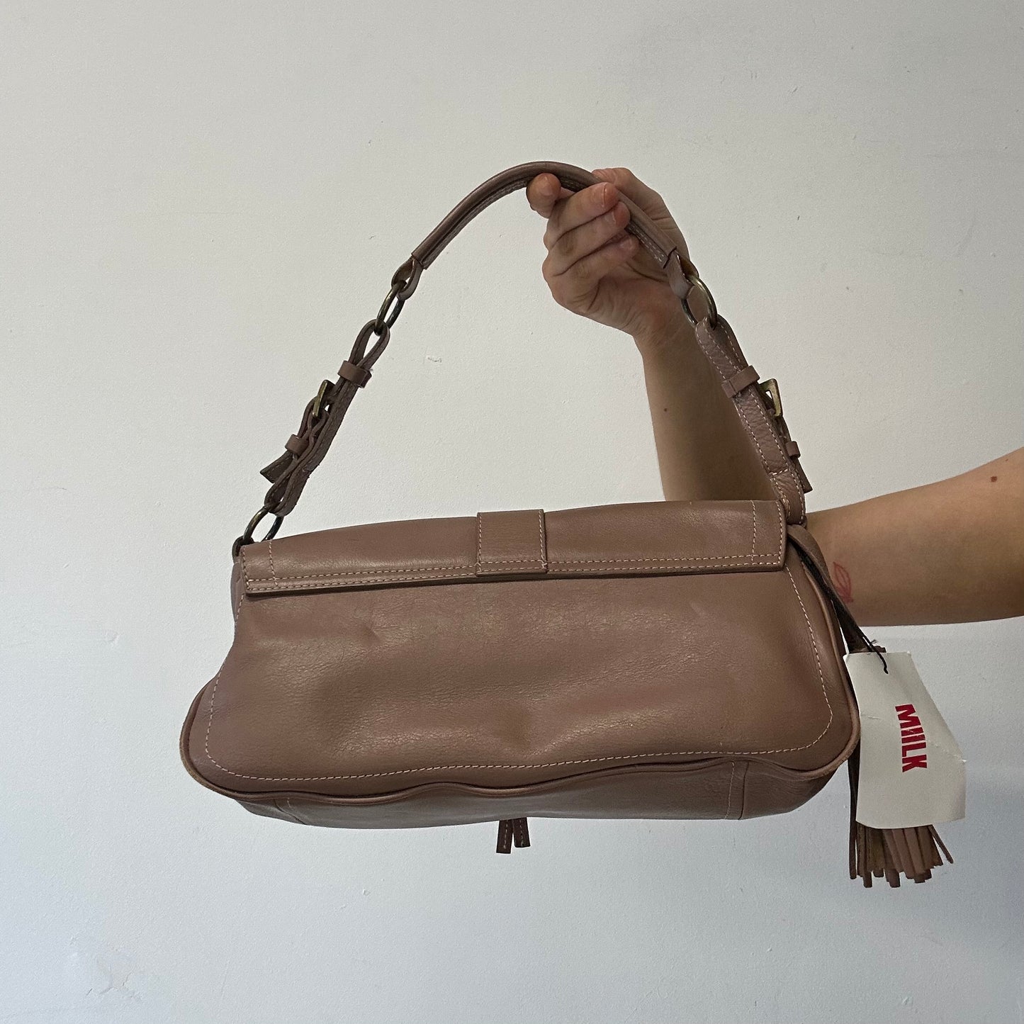 brown studded buckle shoulder bag