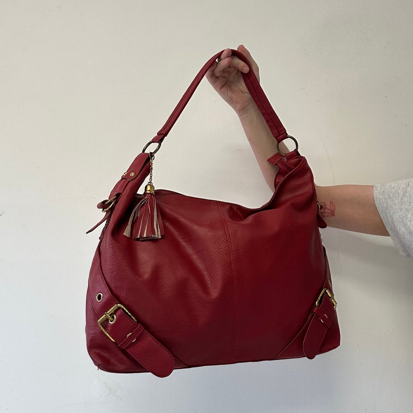 red double buckle faux leather shoulder bag