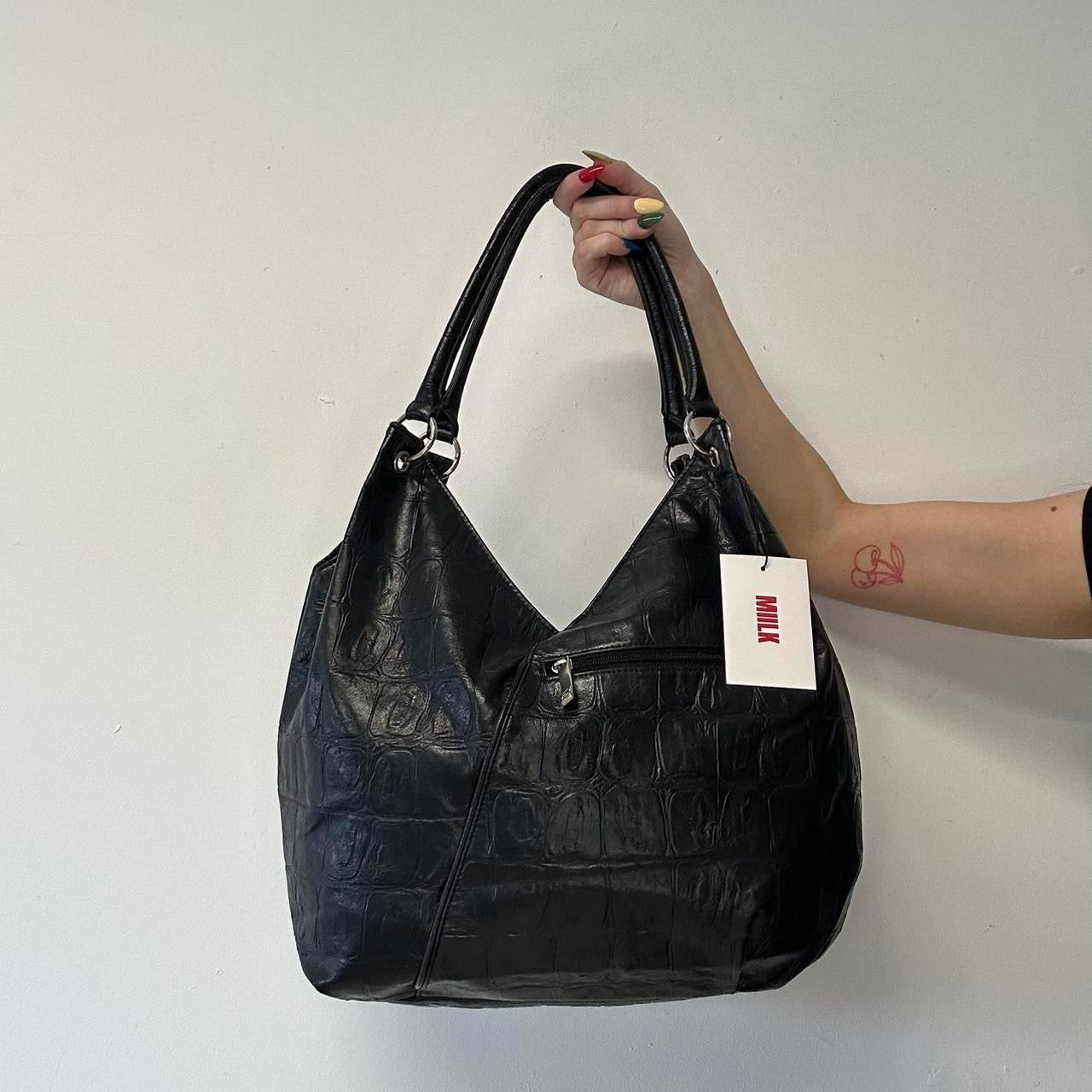 black faux leather croc effect shoulder bag