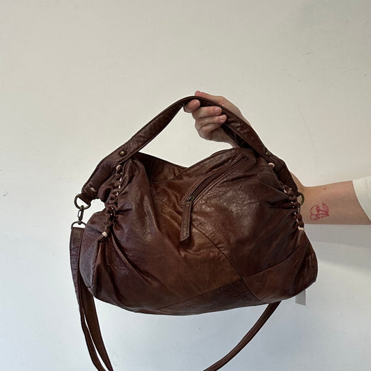 brown patchwork genuine leather zip shoulder bag