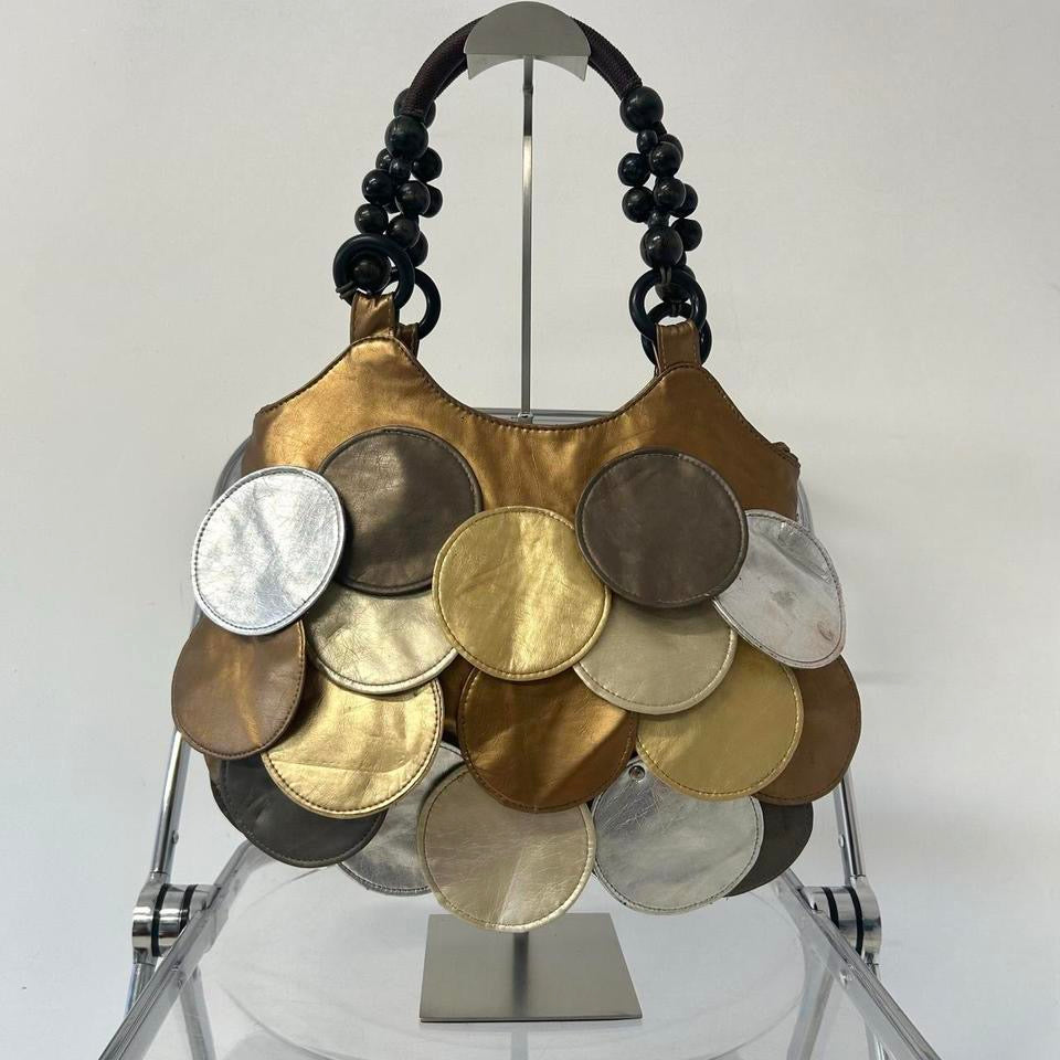 bronze silver gold faux leather disc beaded shoulder bag