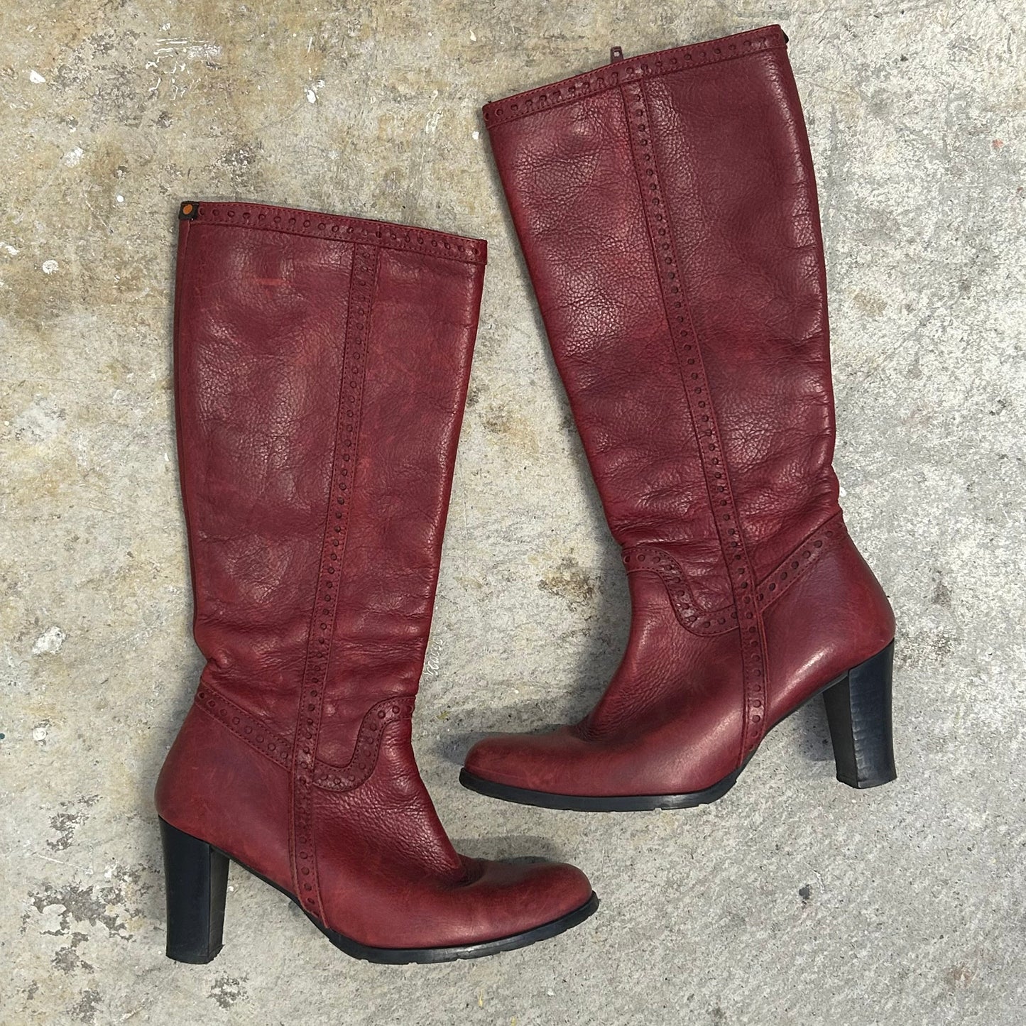 red genuine leather knee high heeled boots