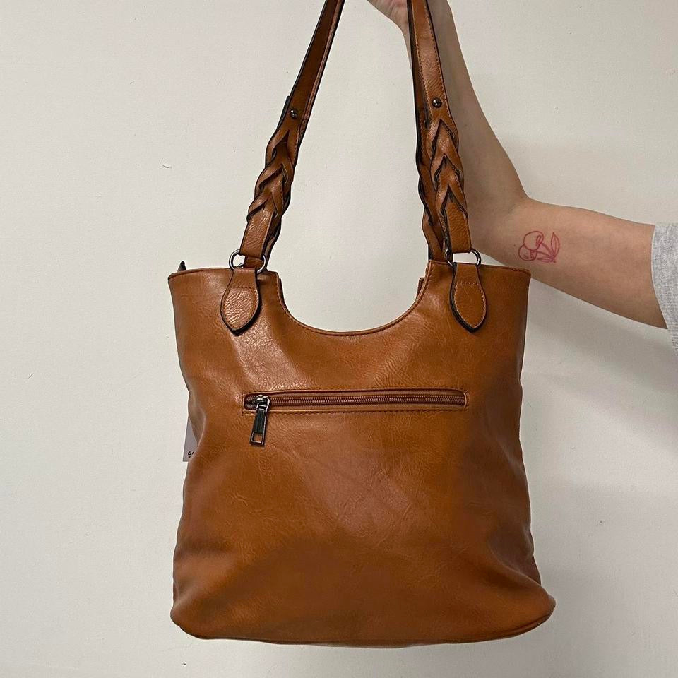 tanned studded faux leather shoulder bag