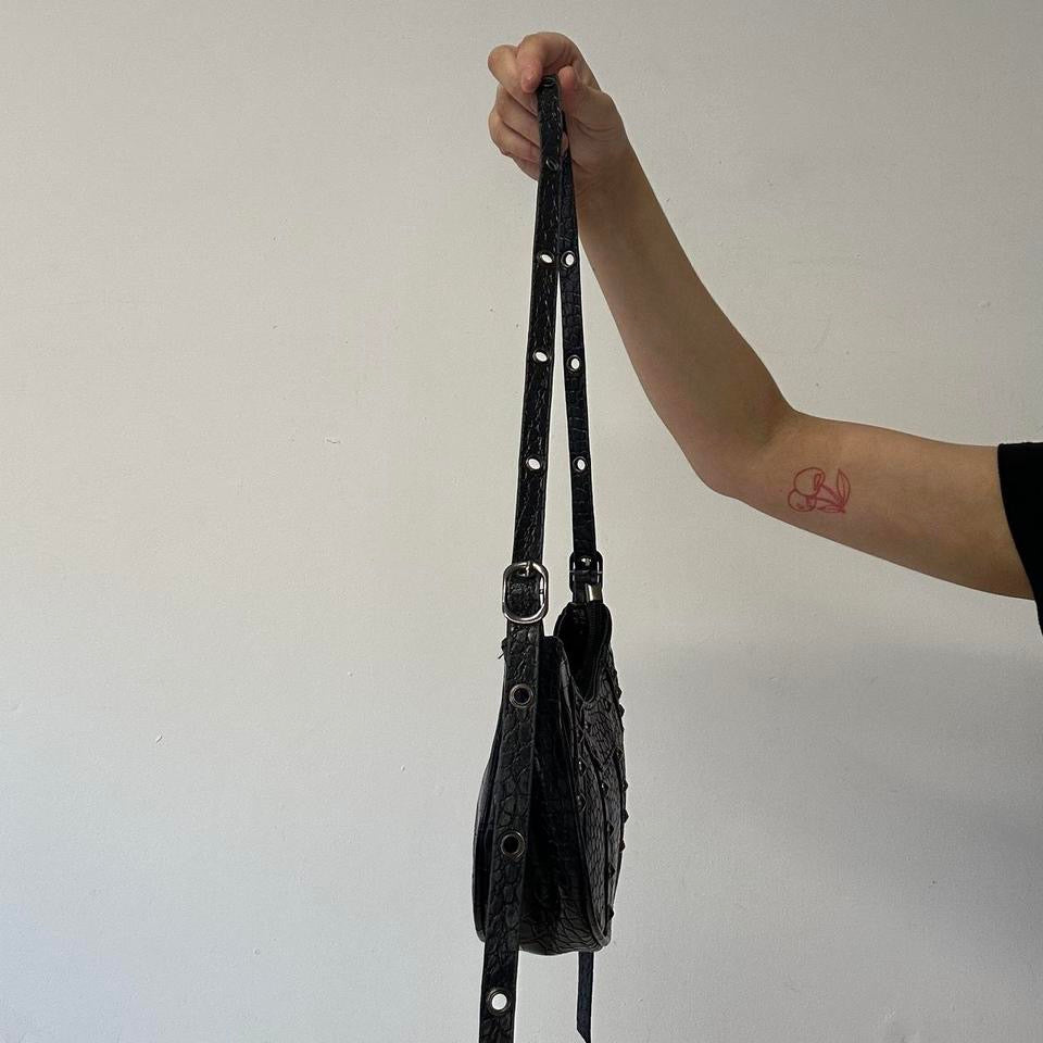 black studded faux leather croc effect shoulder bag