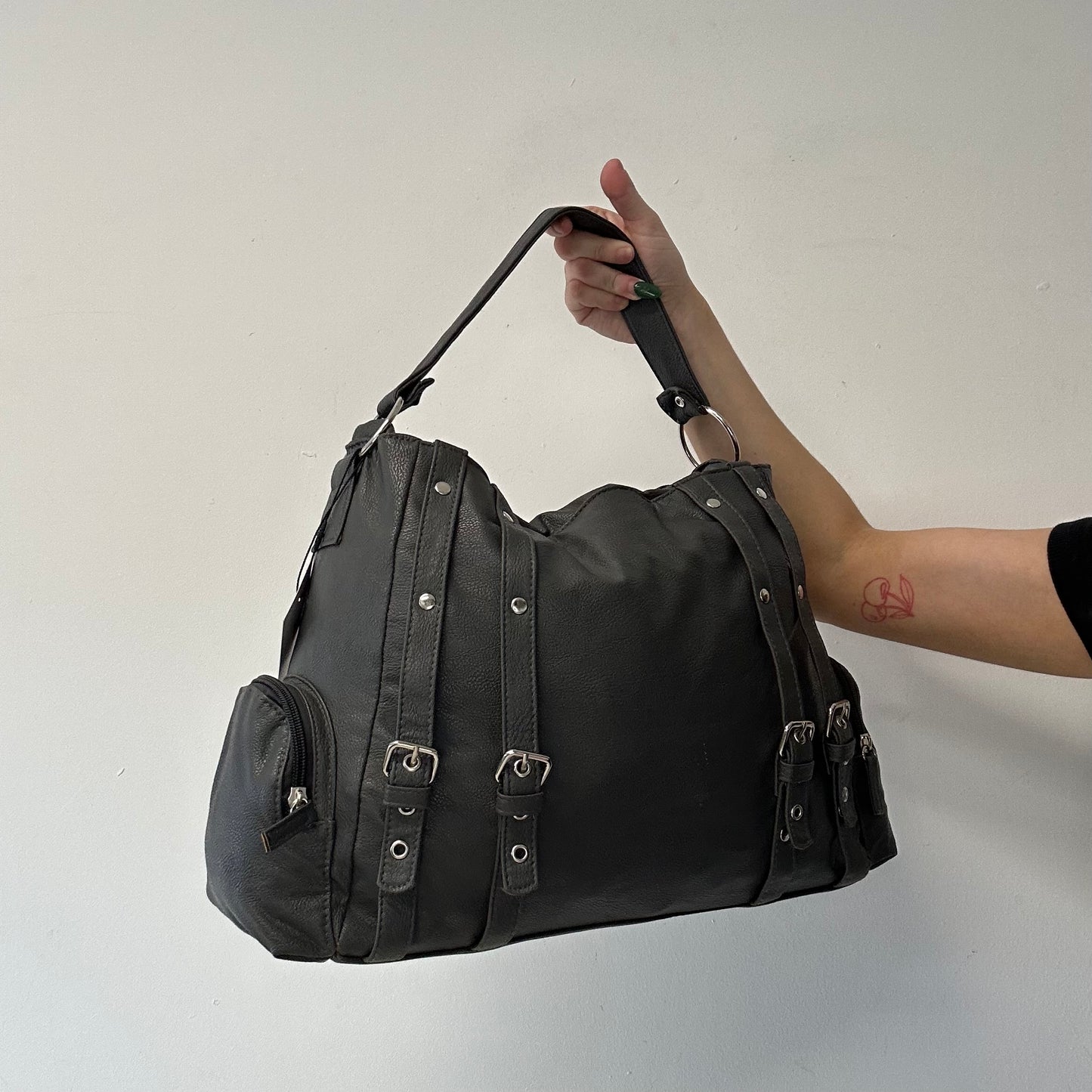 grey studded buckle shoulder bag