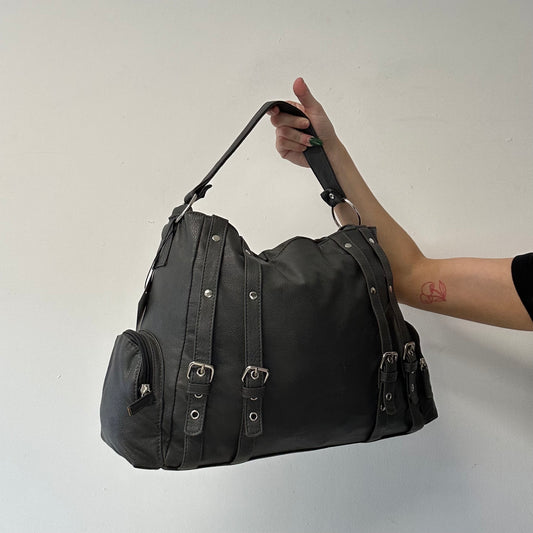 grey studded buckle shoulder bag