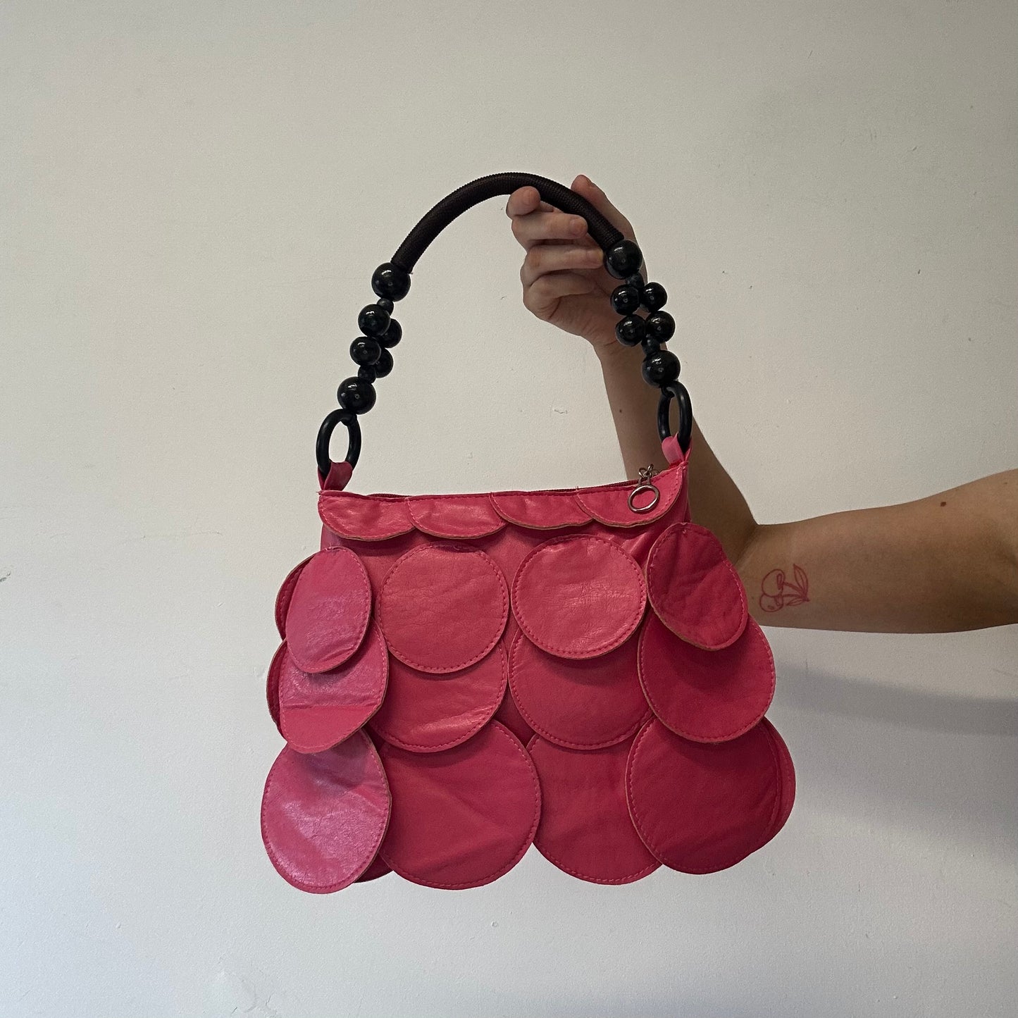 hot pink faux leather disc beaded mini shoulder bag