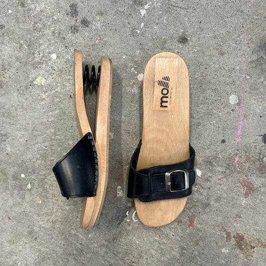 black wooden buckle spring platform sandals