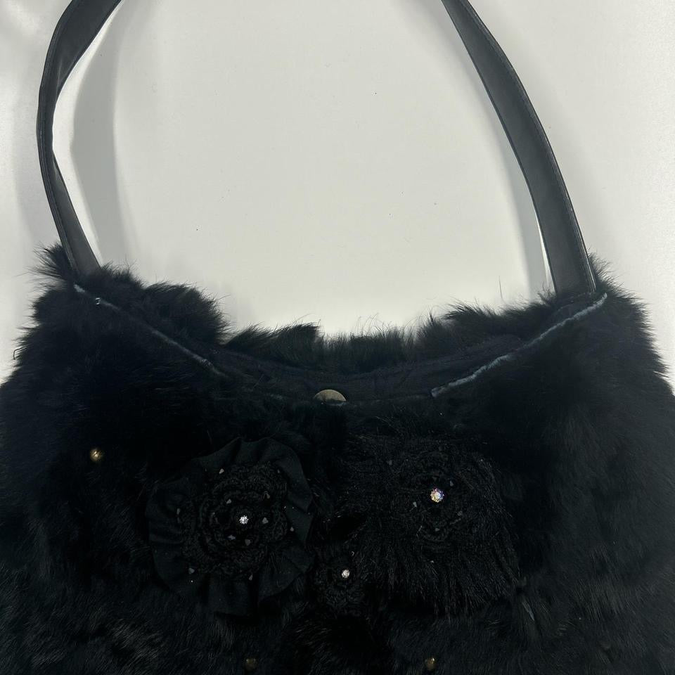 black faux fur studded floral shoulder bag
