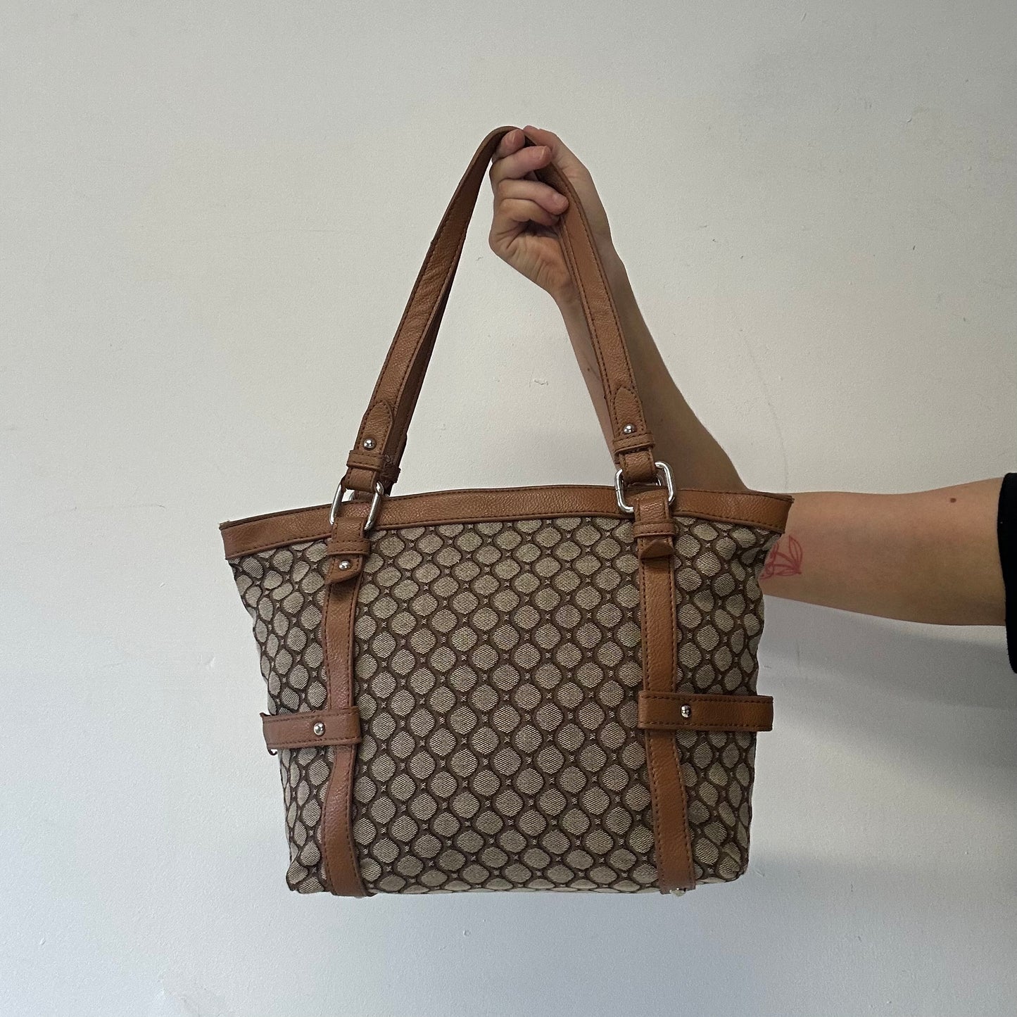 brown canvas monogram faux leather shoulder bag