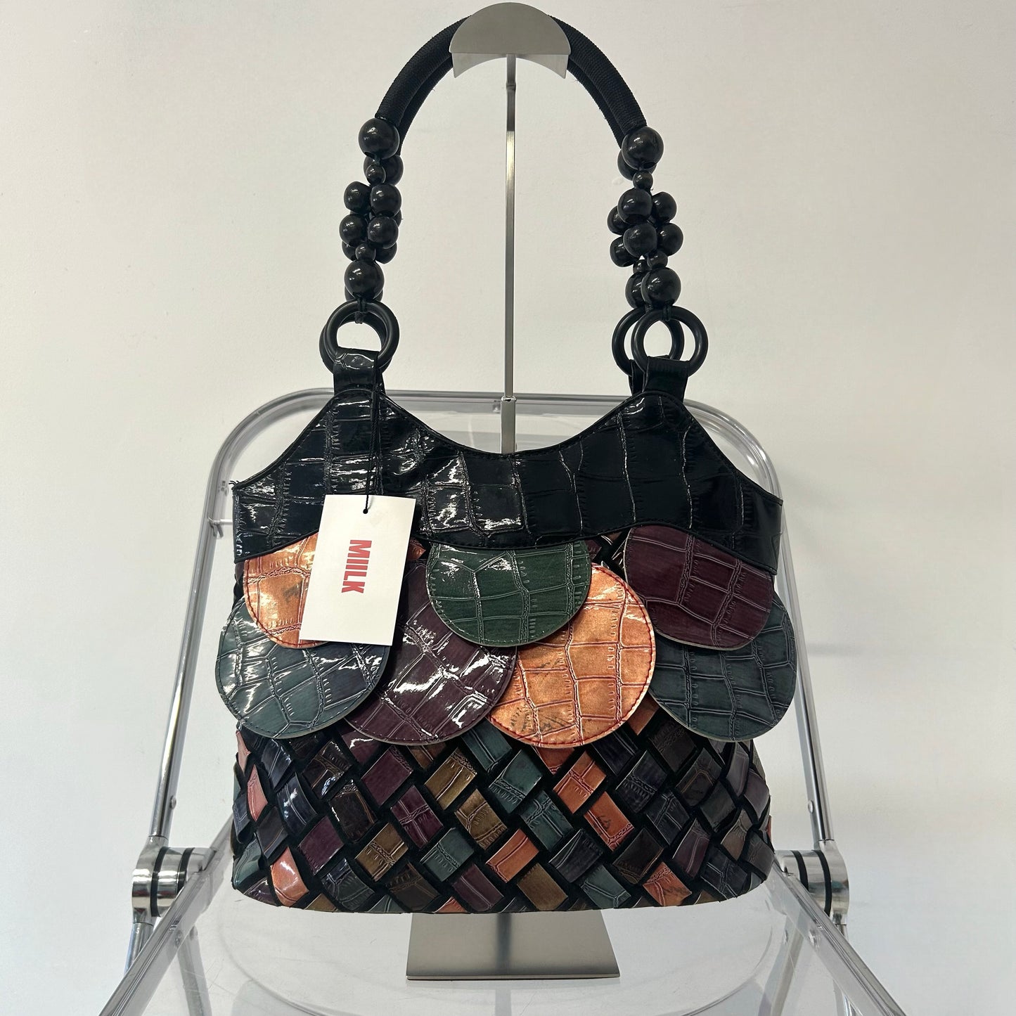 multicoloured patchwork faux leather beaded disc woven shoulder bag