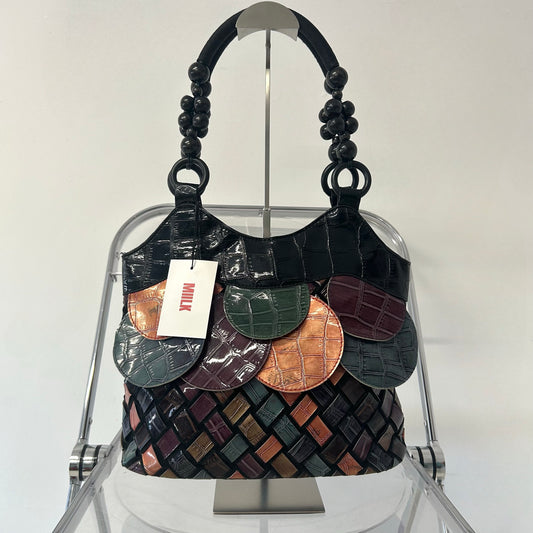 multicoloured patchwork faux leather beaded disc woven shoulder bag