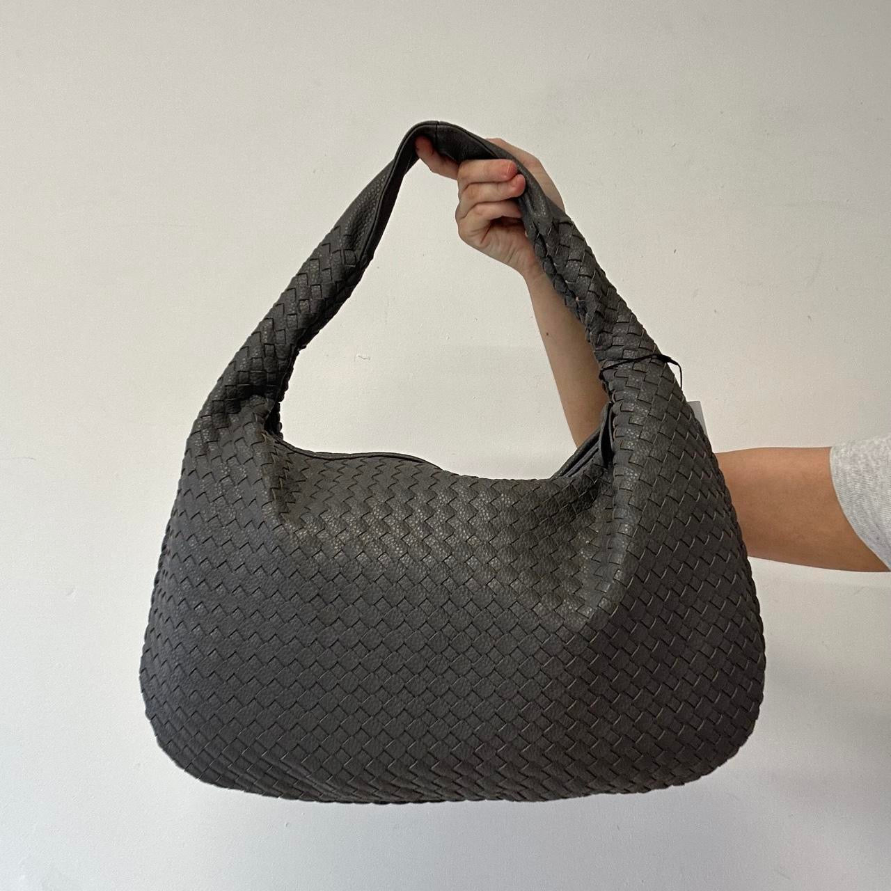 grey faux leather woven shoulder bag