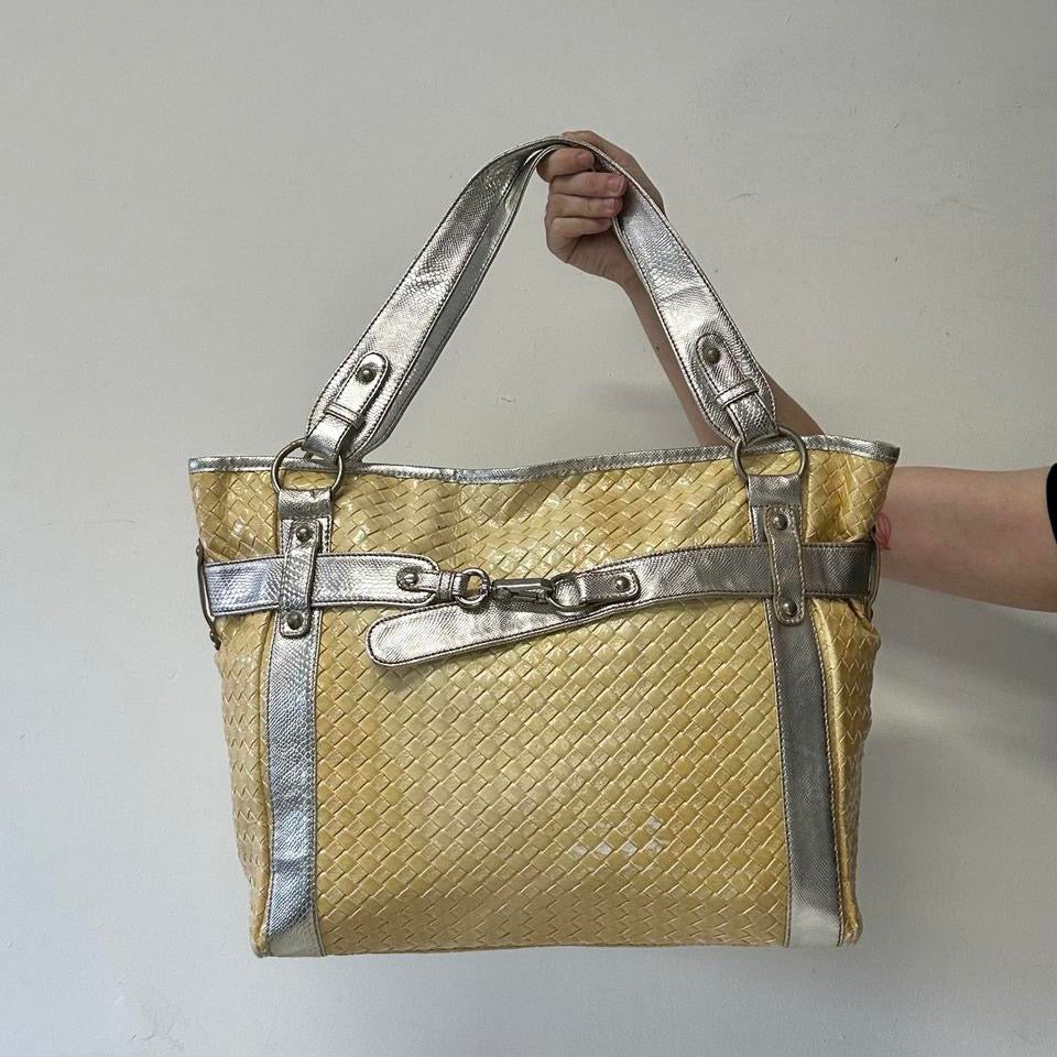 yellow and silver faux leather woven effect shoulder bag