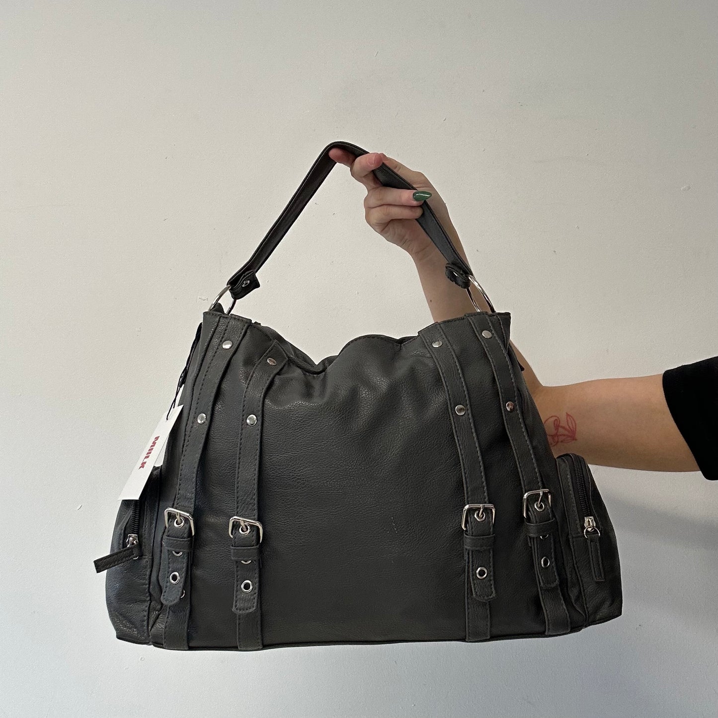 grey studded buckle shoulder bag