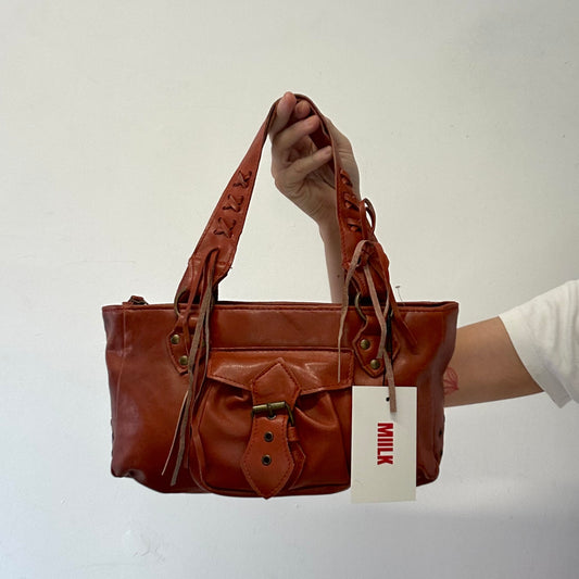burnt orange / brown leather buckle shoulder bag