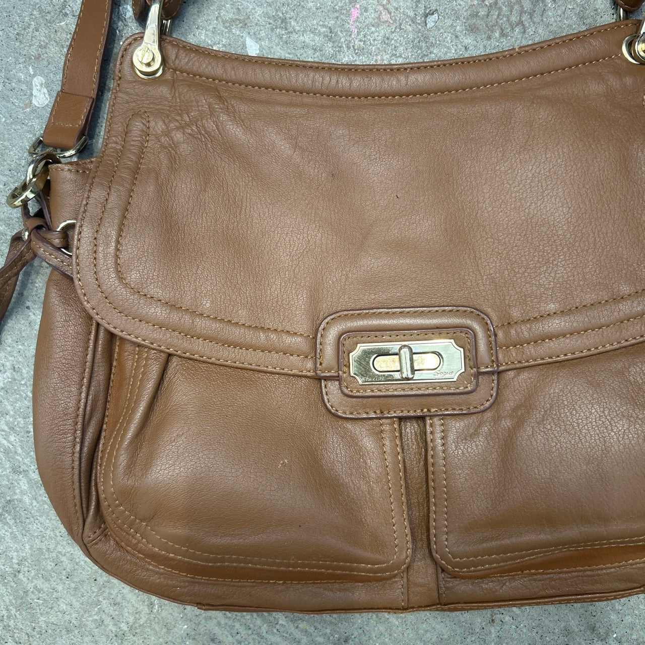 brown sheepskin genuine leather double pocket shoulder bag
