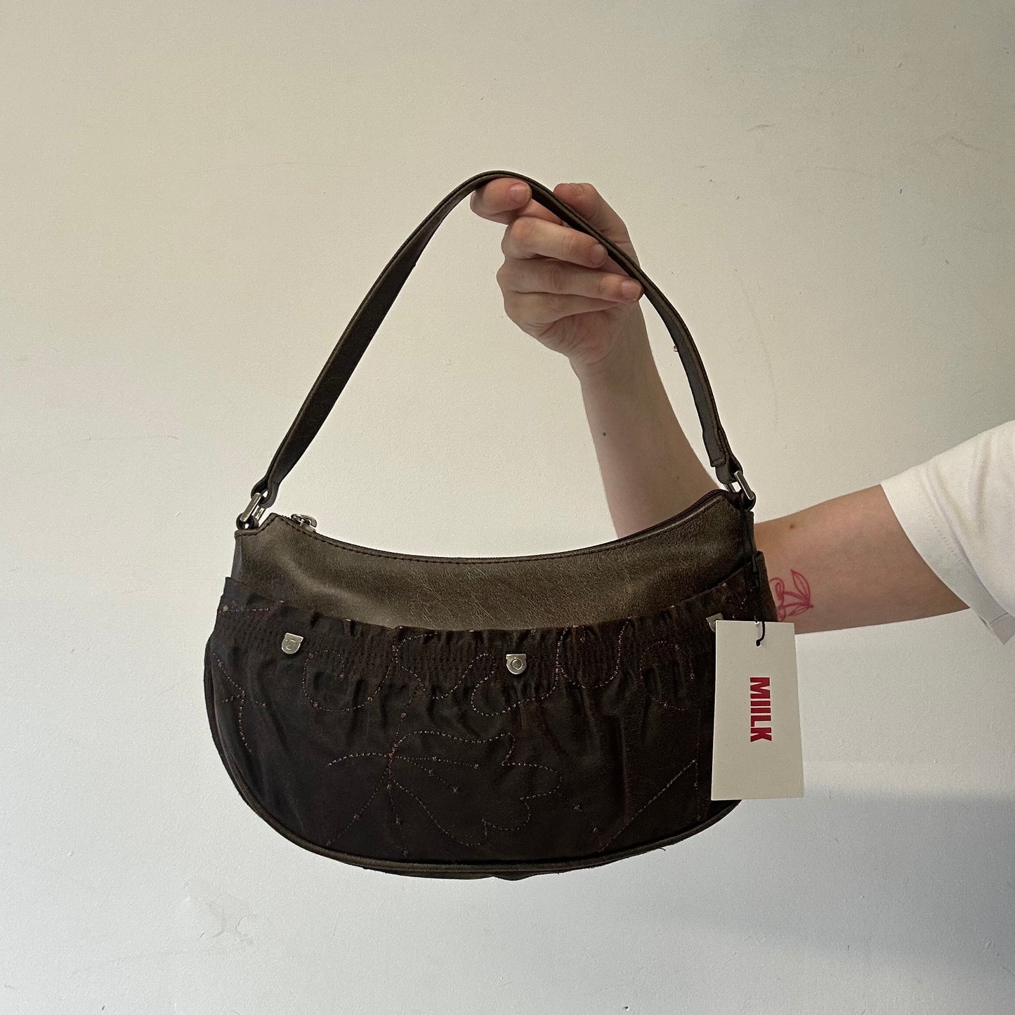 brown patterned faux leather shoulder bag