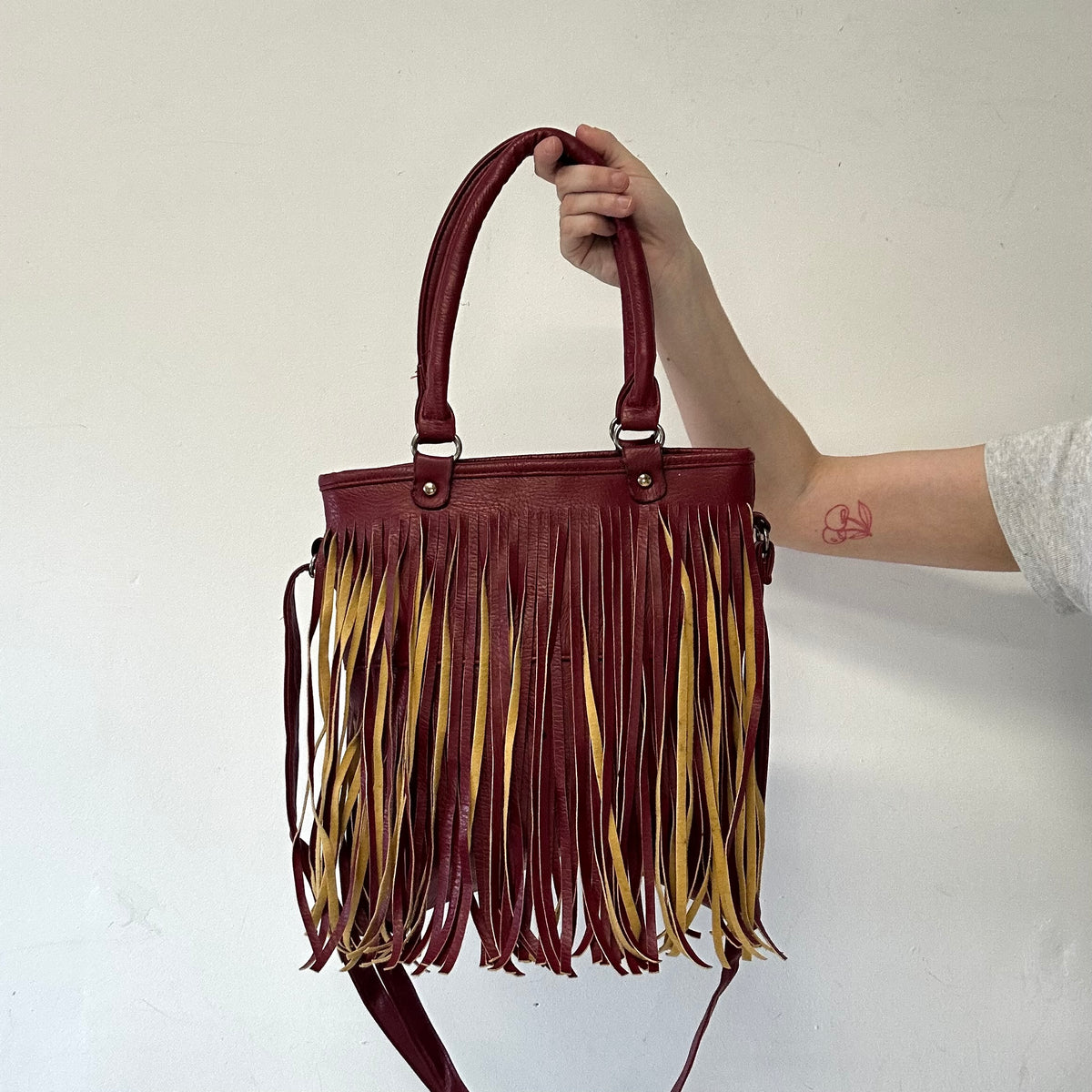 red genuine leather fringe festival shoulder bag