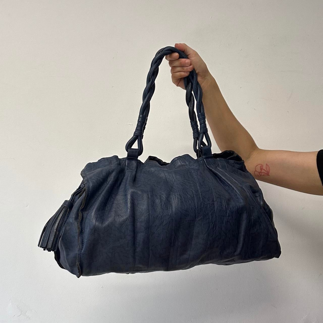 navy blue genuine leather twisted handle shoulder bag