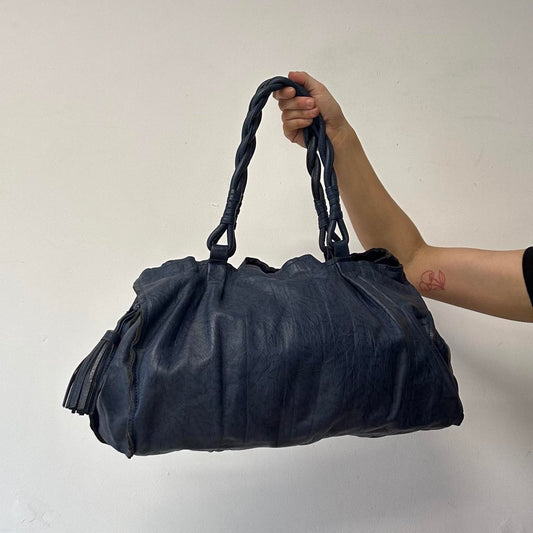 navy blue genuine leather twisted handle shoulder bag