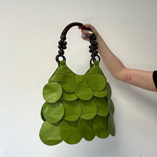 green faux leather disc beaded shoulder bag