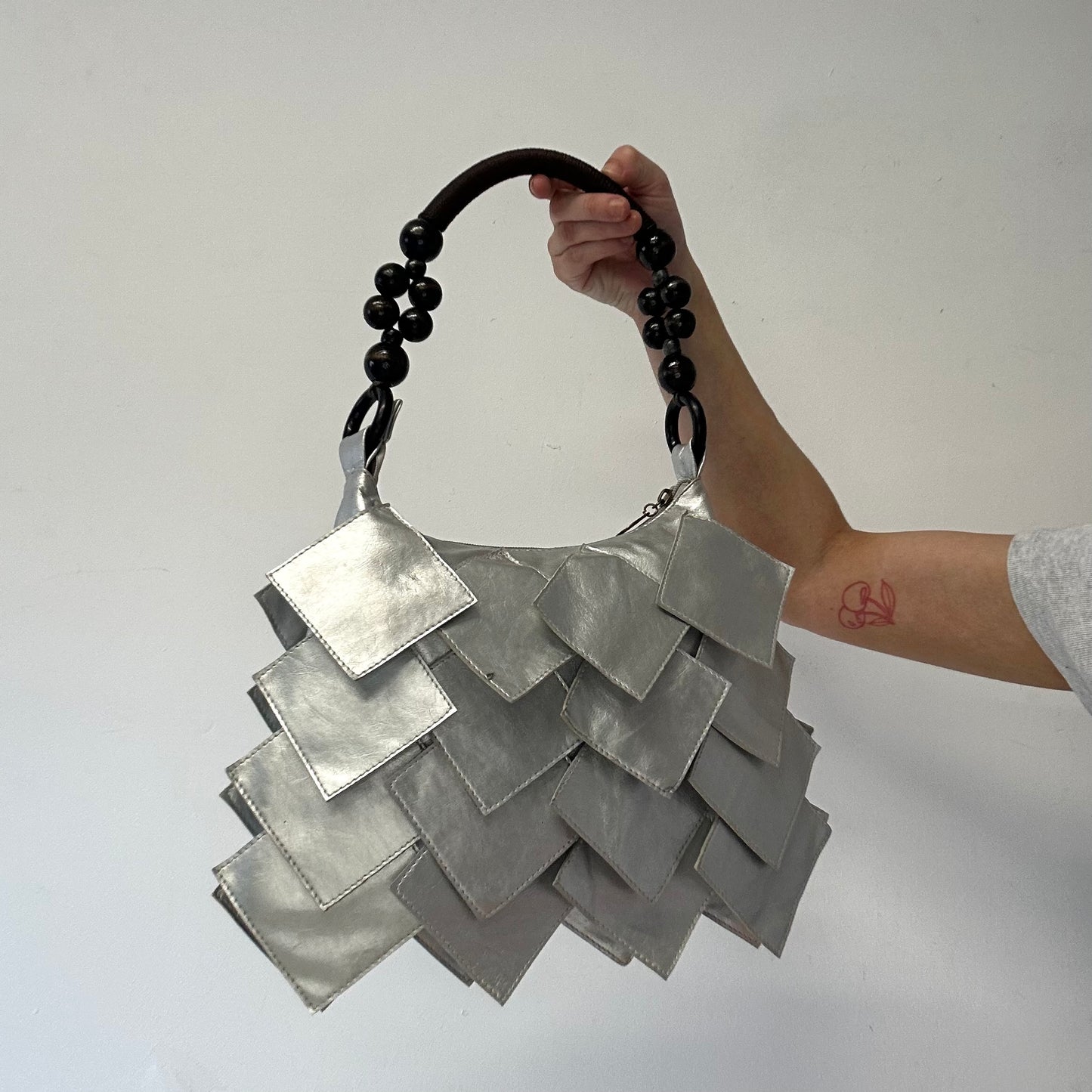 silver faux leather square beaded shoulder bag