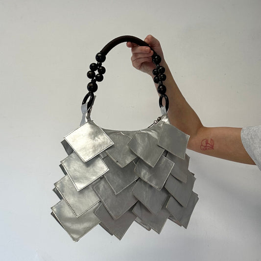 silver faux leather square beaded shoulder bag