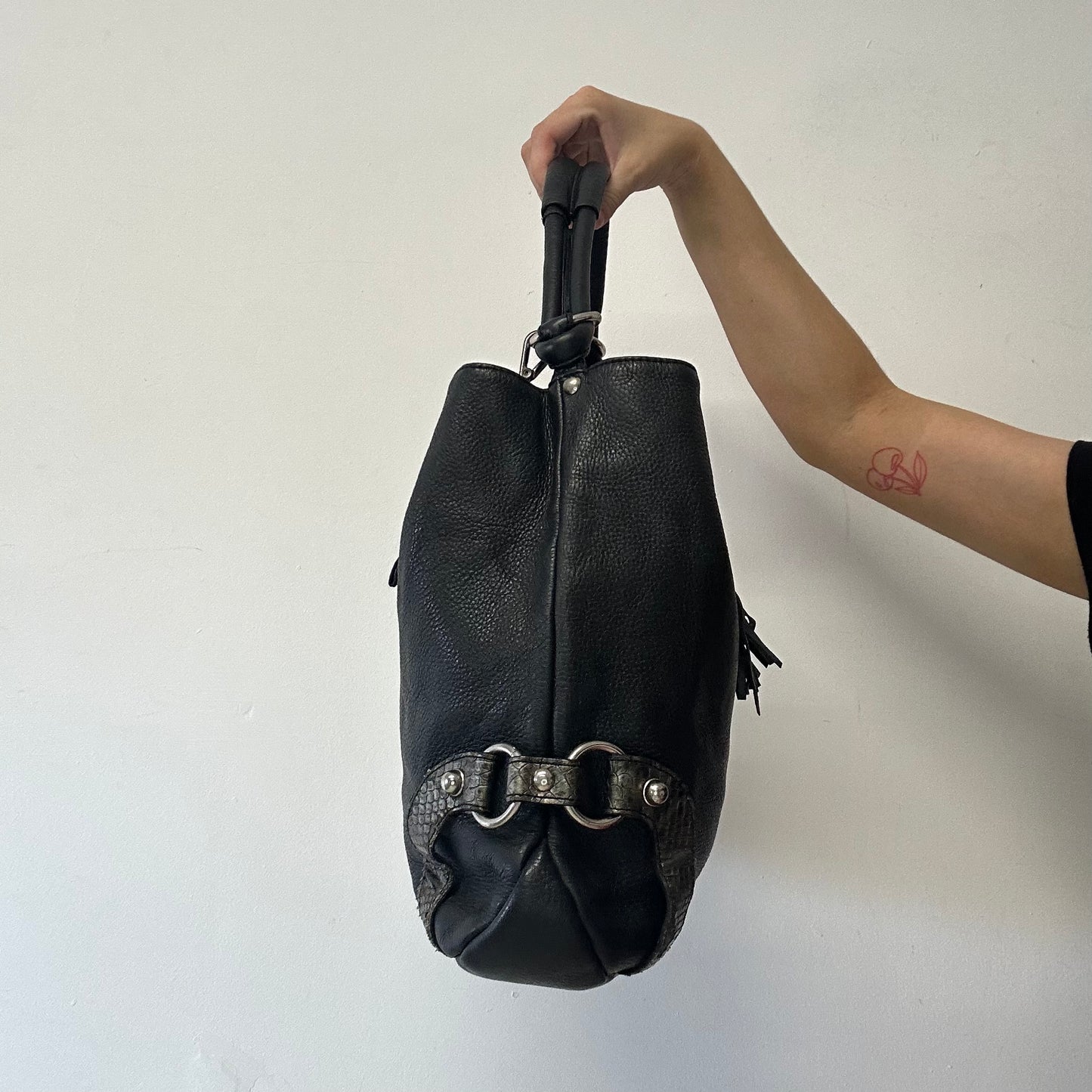 black ruched canvas and faux leather shoulder bag
