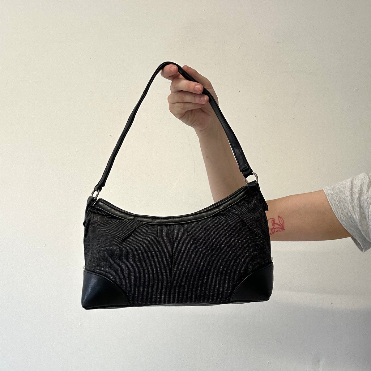 black pearl beads faux leather shoulder bag