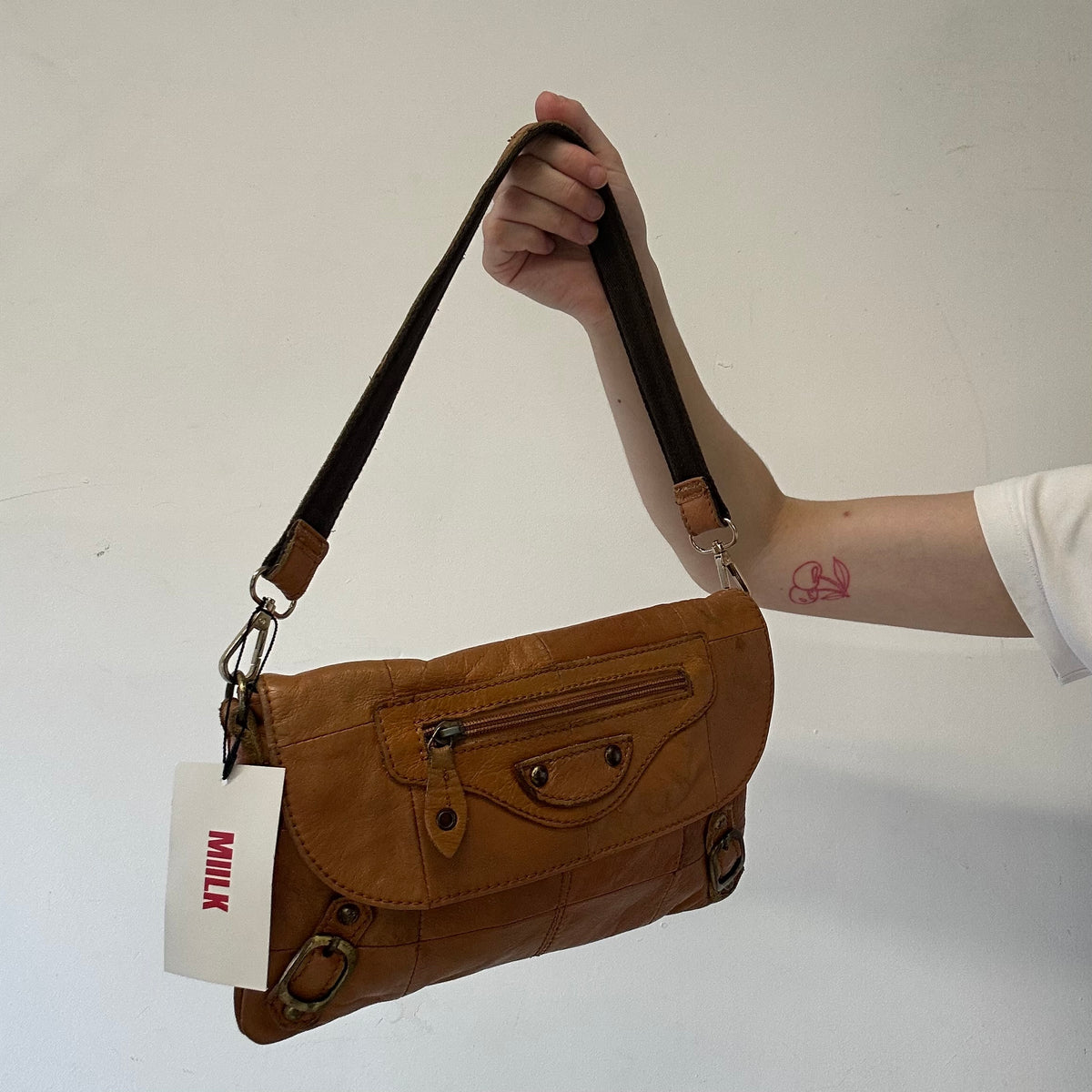 brown genuine leather buckle shoulder bag