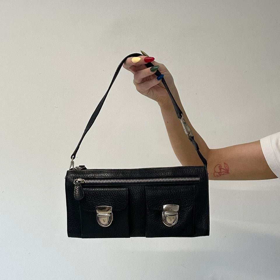 black faux leather double pocket mini shoulder bag