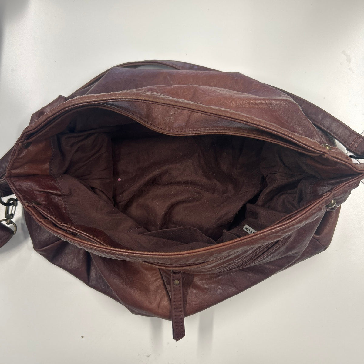 brown patchwork genuine leather zip shoulder bag