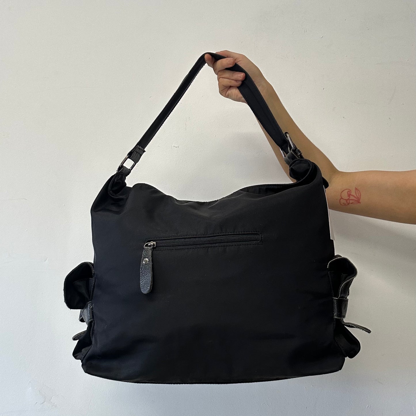black double pocket canvas large canvas and leather shoulder bag