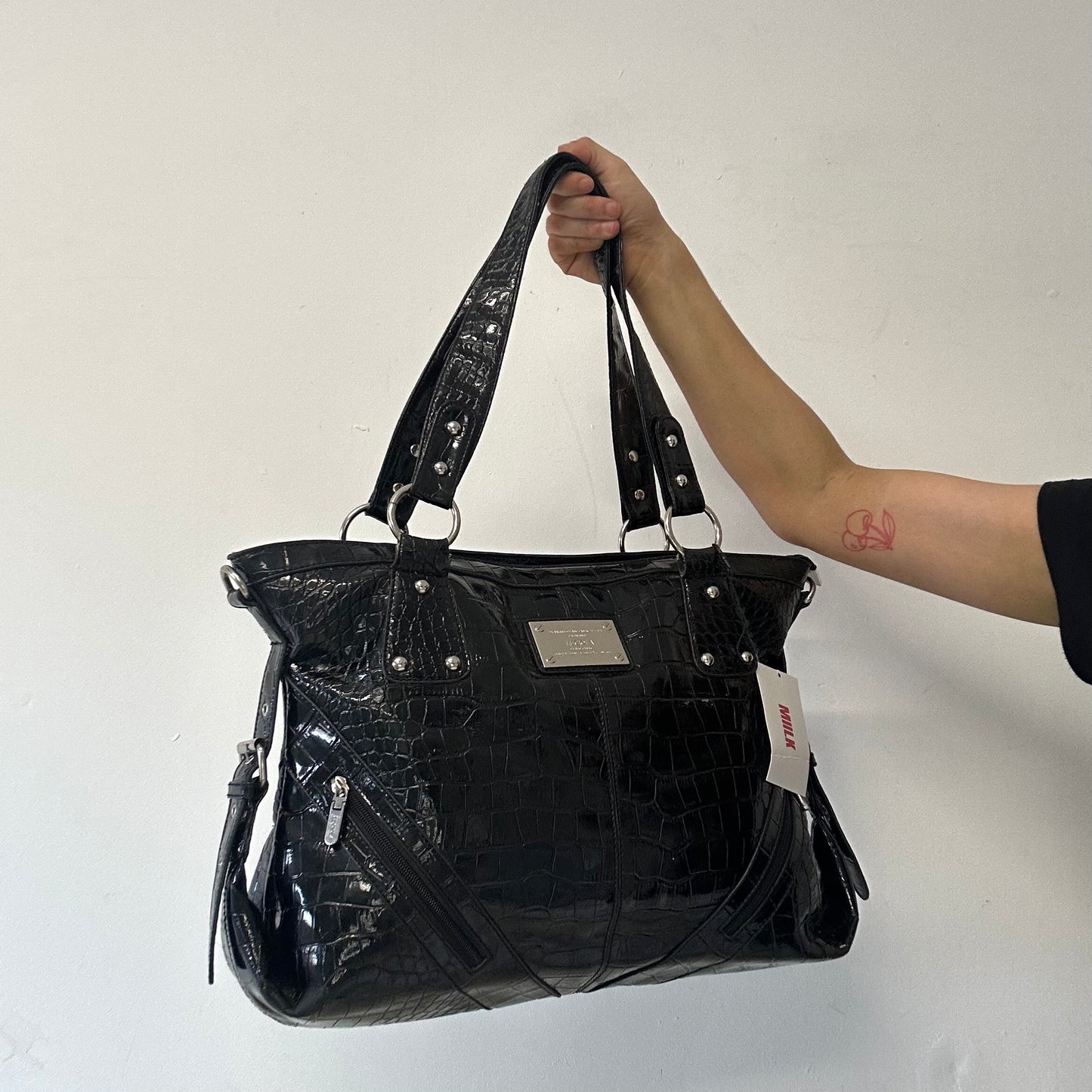 black double zip croc effect faux leather shoulder bag