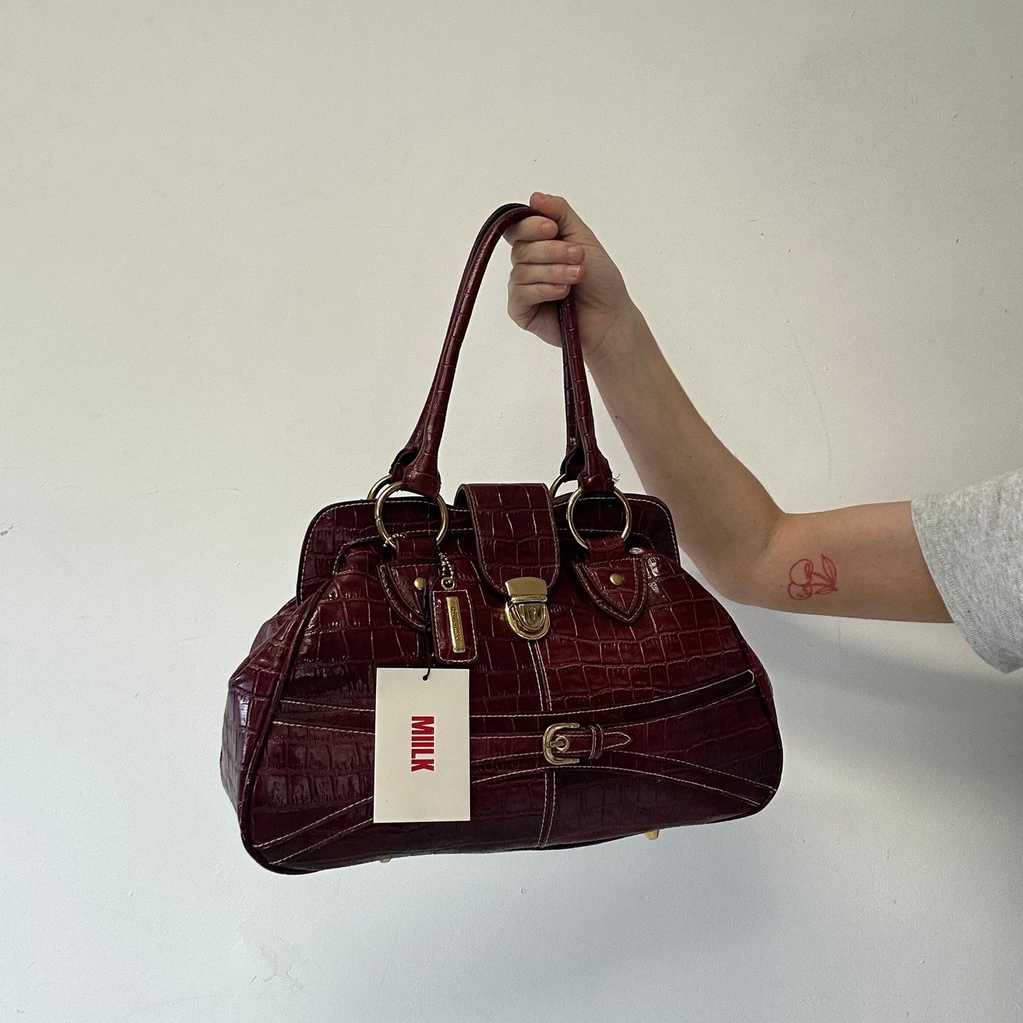 dark red burgundy faux leather buckle  shoulder bag