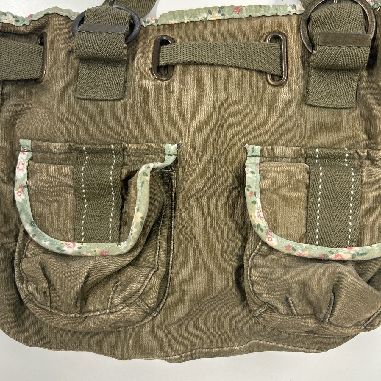 khaki and floral double pocket cargo shoulder bag