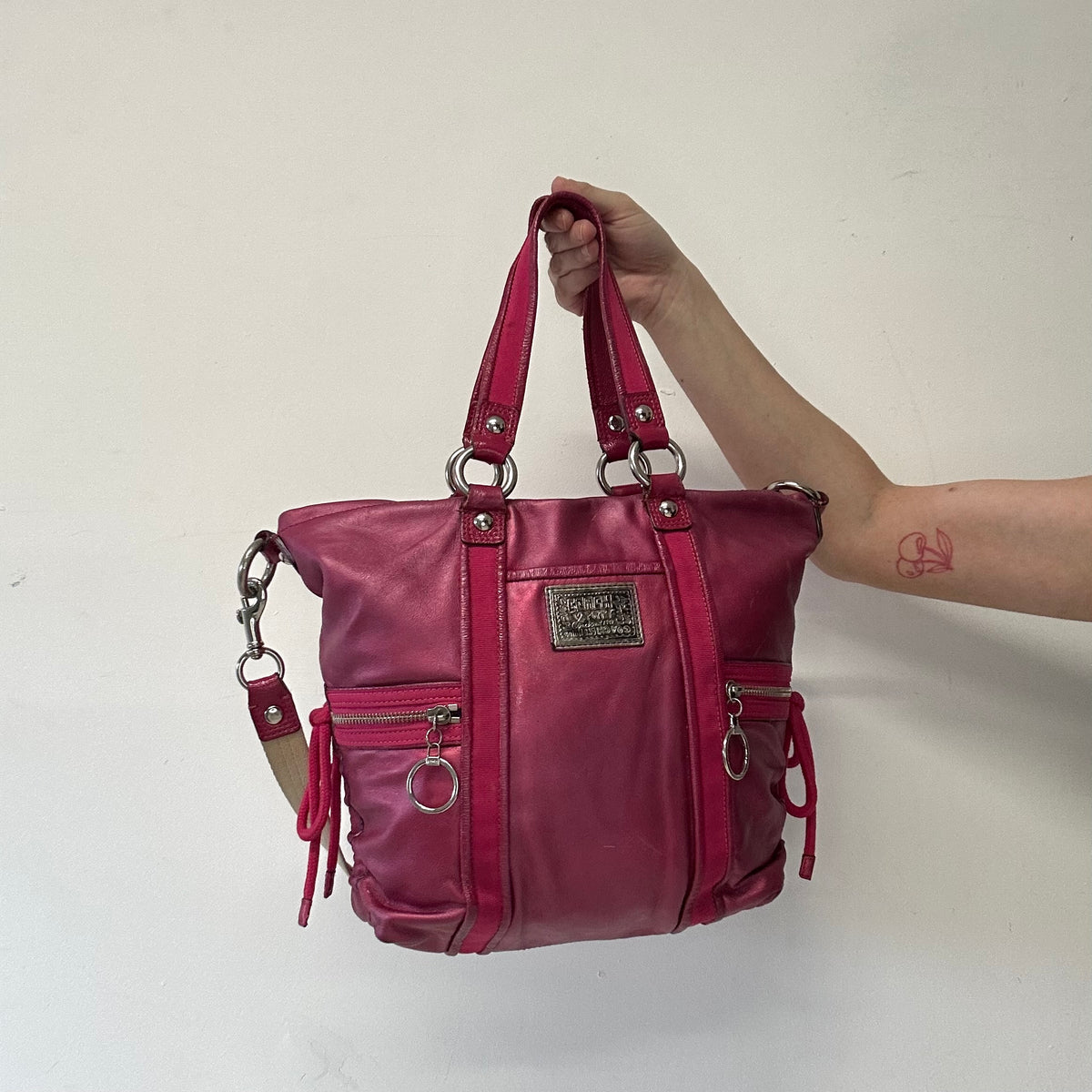 hot pink metallic shoulder bag