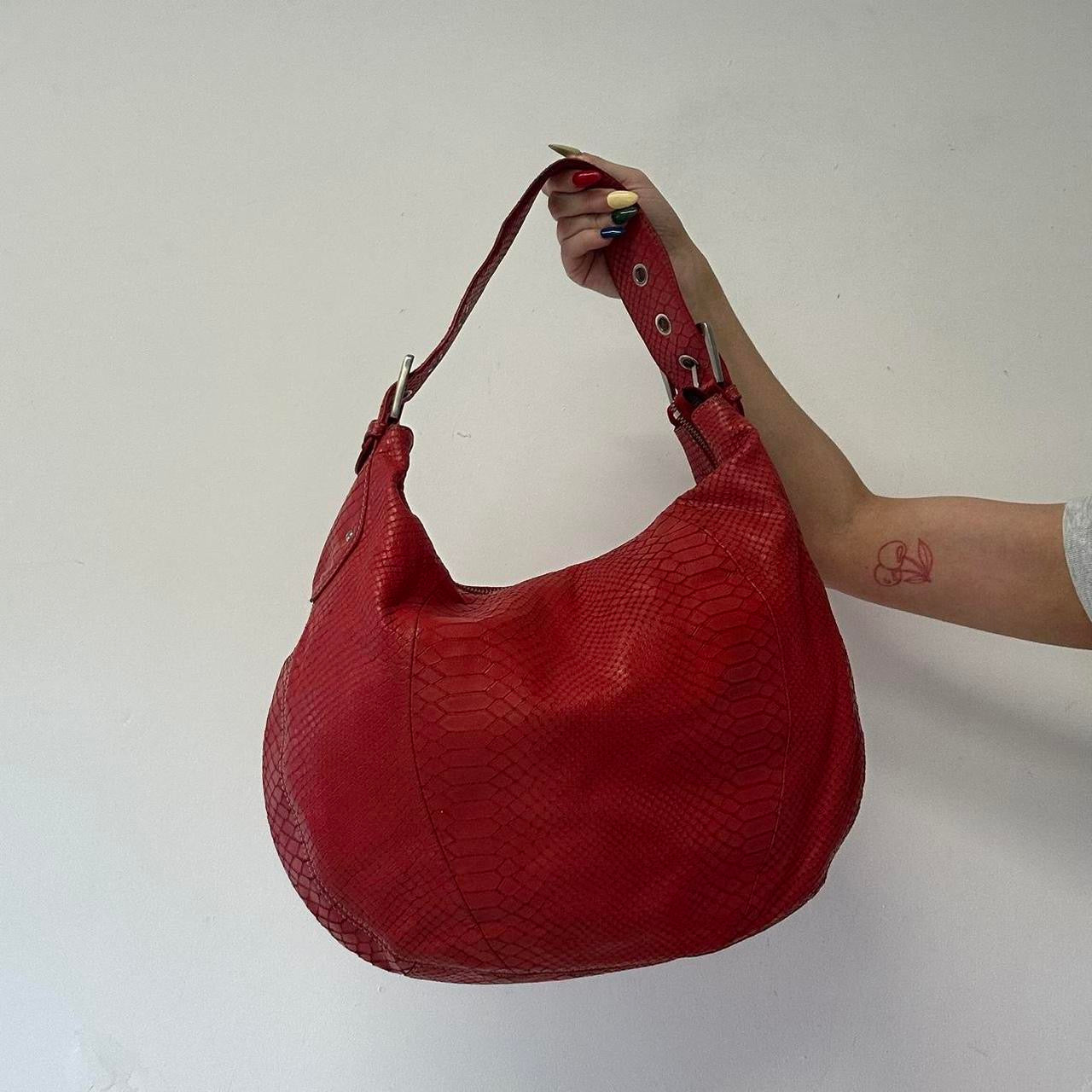 red leather croc effect buckle shoulder bag