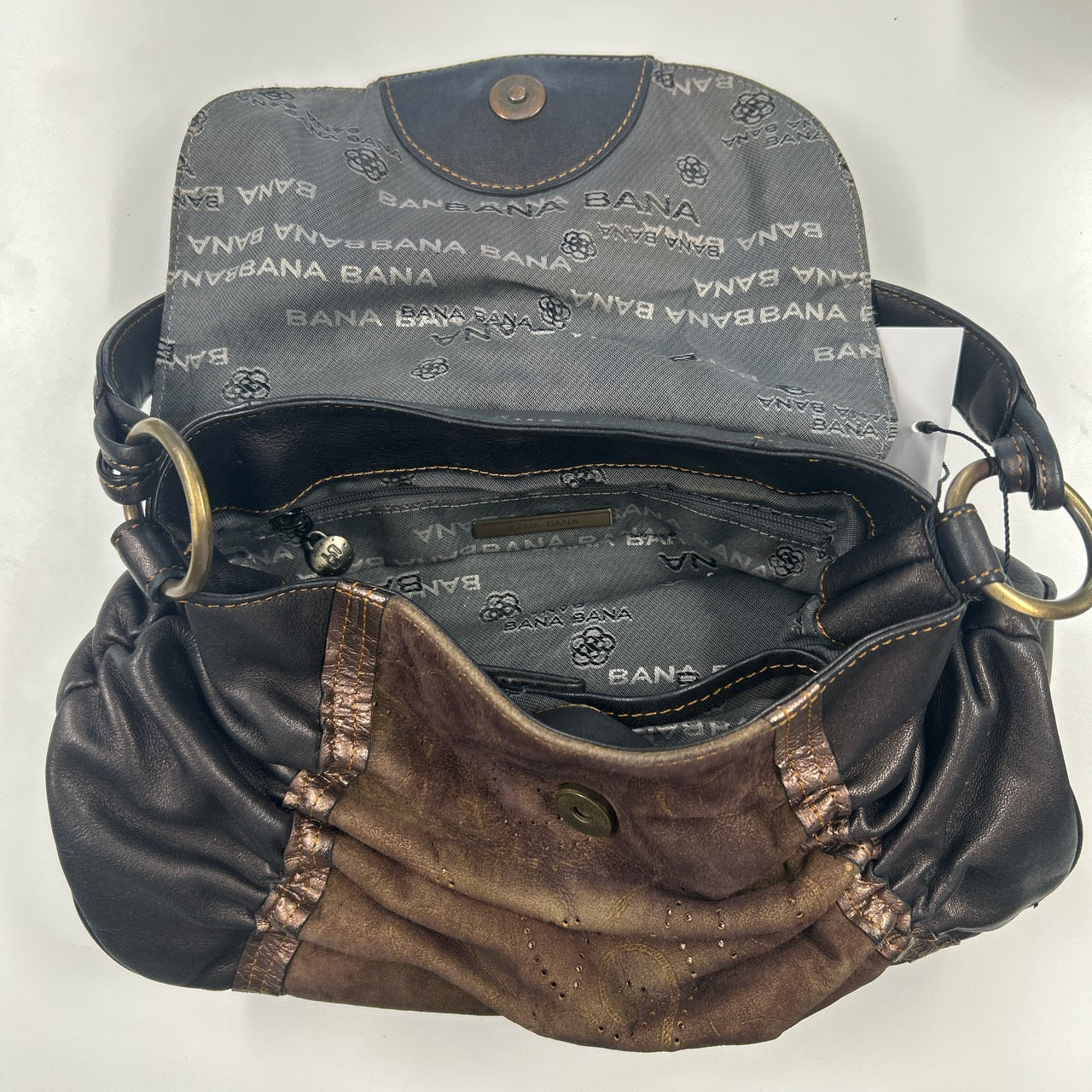 brown faux leather ruched shoulder bag