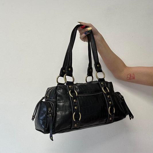 black croc effect studded faux leather shoulder bag