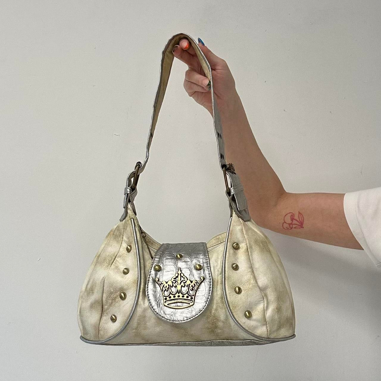 silver and gold studded crown faux leather shoulder bag