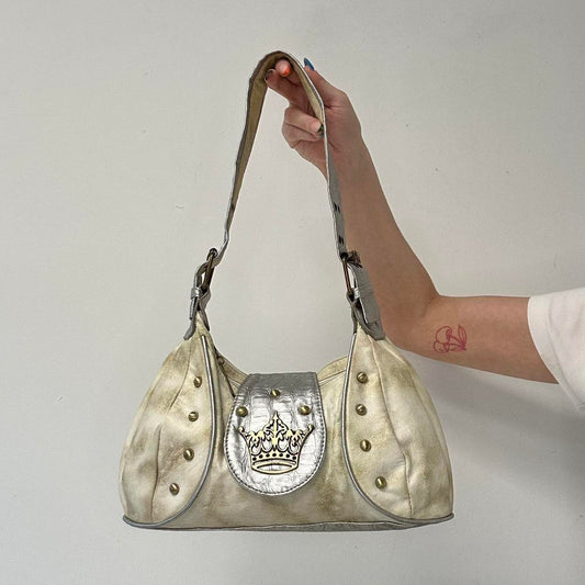 silver and gold studded crown faux leather shoulder bag