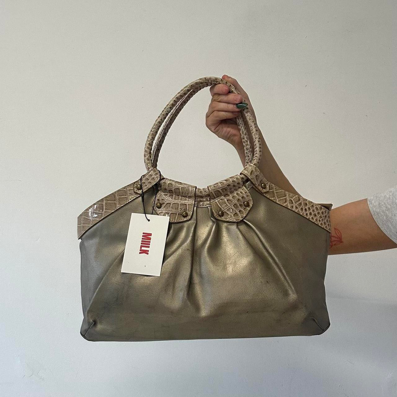 gold faux leather croc effect studded  shoulder bag