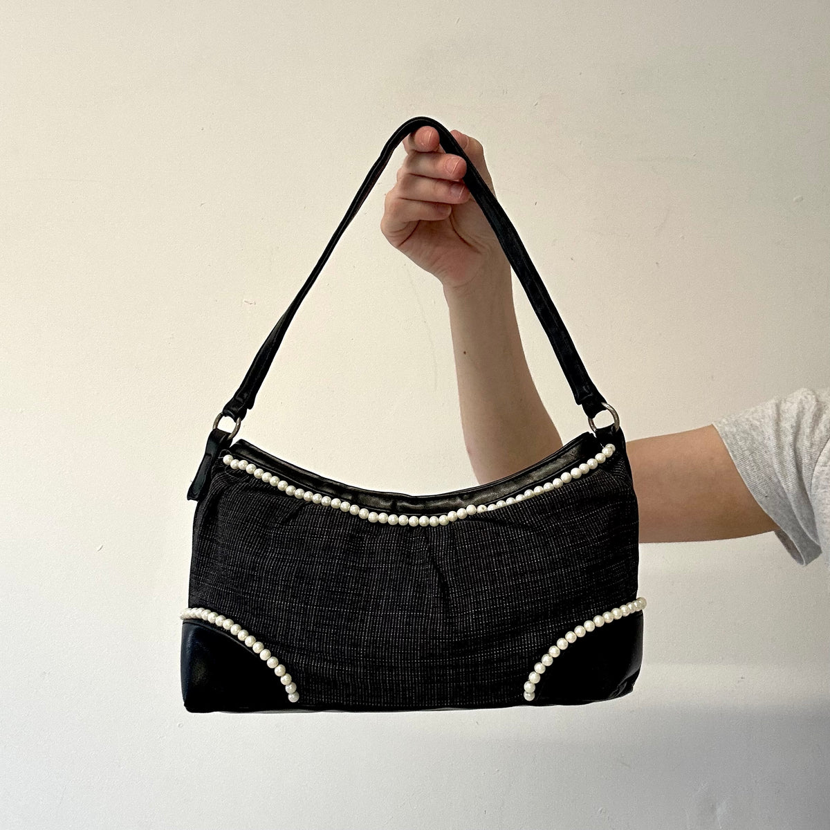black pearl beads faux leather shoulder bag